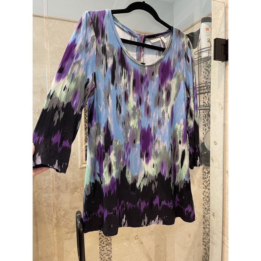LOGO by Lori Goldstein Womens Multicolor 3/4 Sleeve Watercolor Tunic Top M